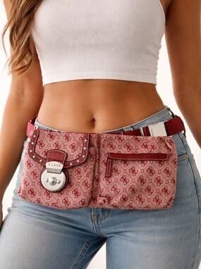 Y2K Guess Monogram Belt Bag Pink Red Logo Fanny Pack Vintage 2000s Streetwear